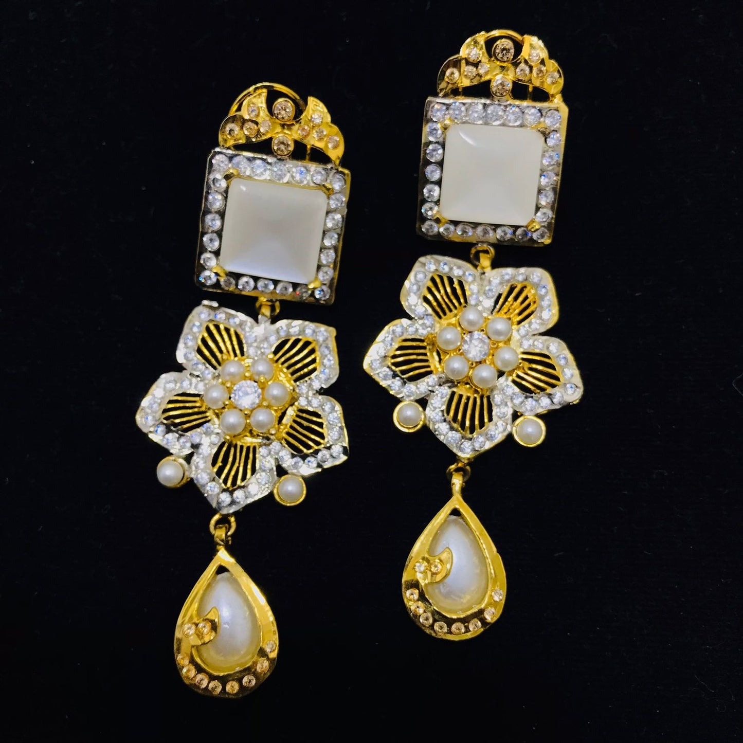 Long Earrings with Mother Pearl, Pearls and Zircons