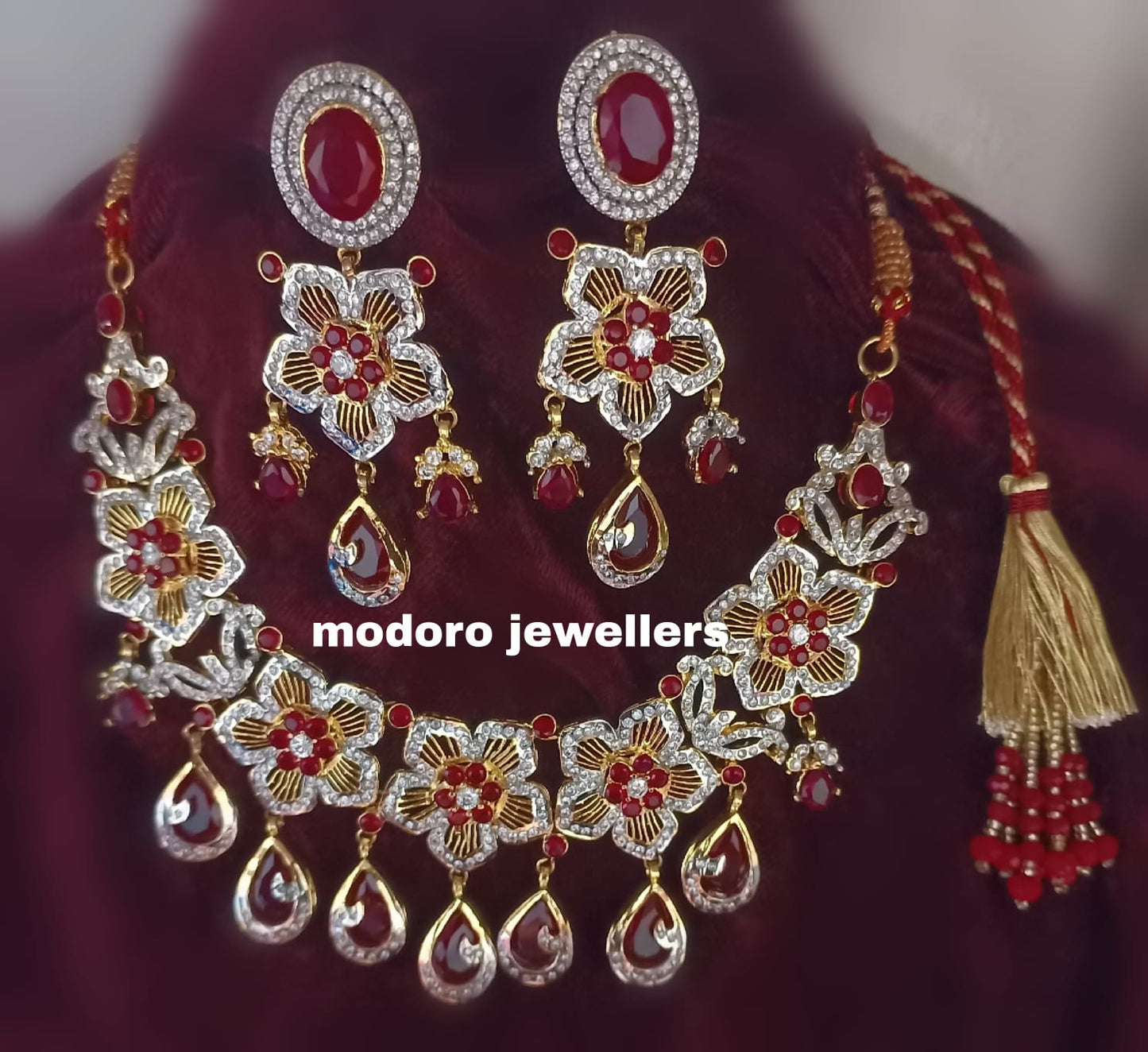 Necklace Floral Ruby Colour Crystals with Zircons