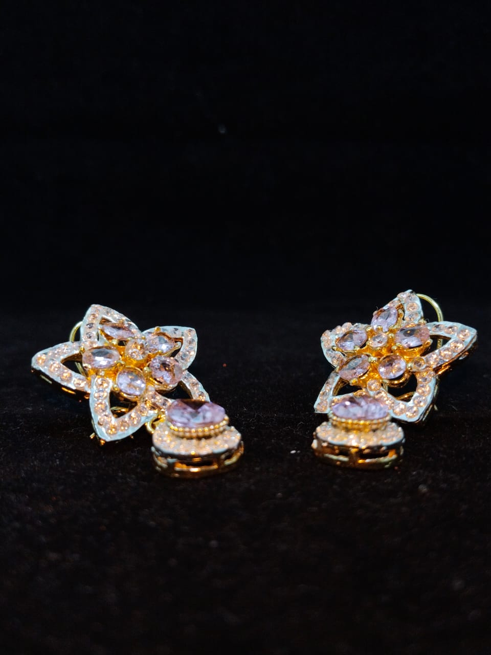 Floral Gold-Plated Crystal Stud Earrings with Lavender Stone Accents