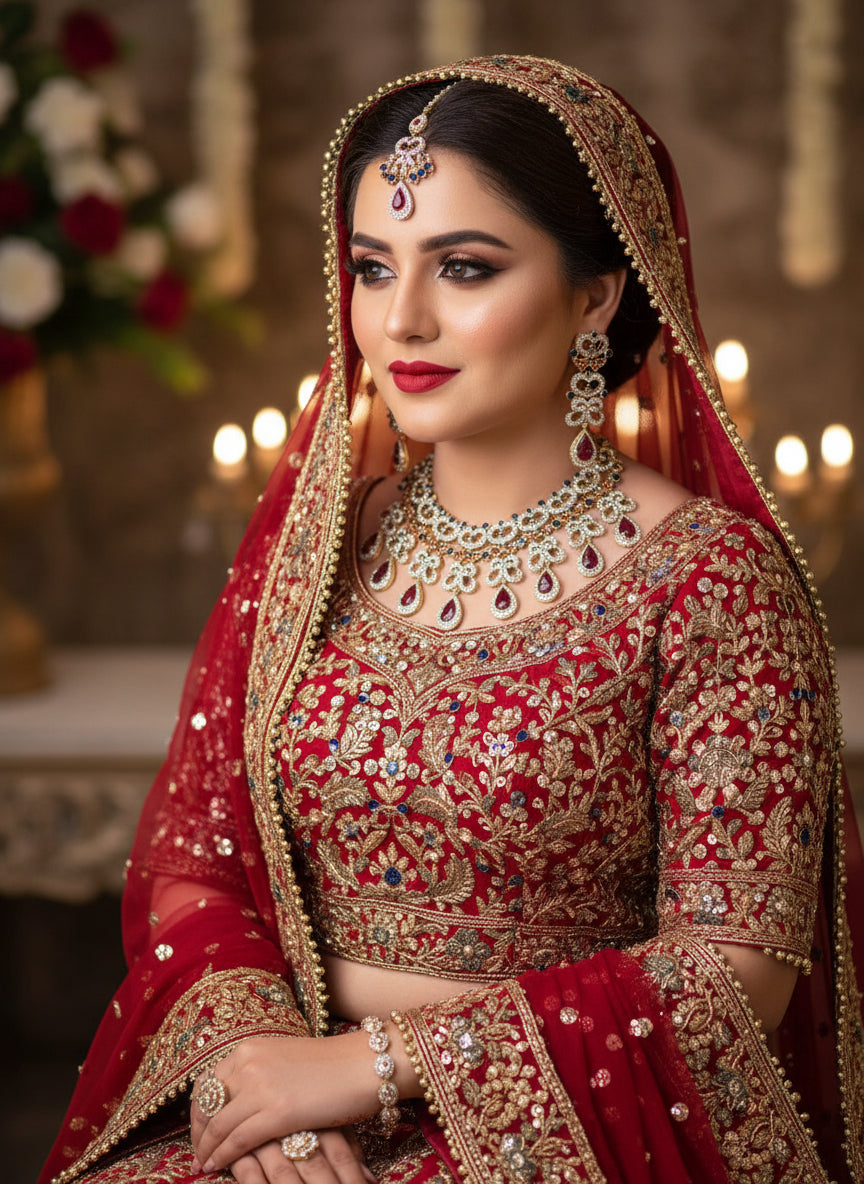 Elegant Necklace Set in Ruby Saphire Crystals