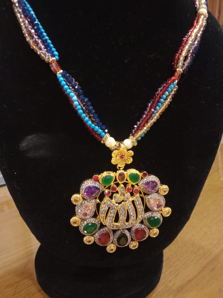 Allah name pendant with multi colour crystals