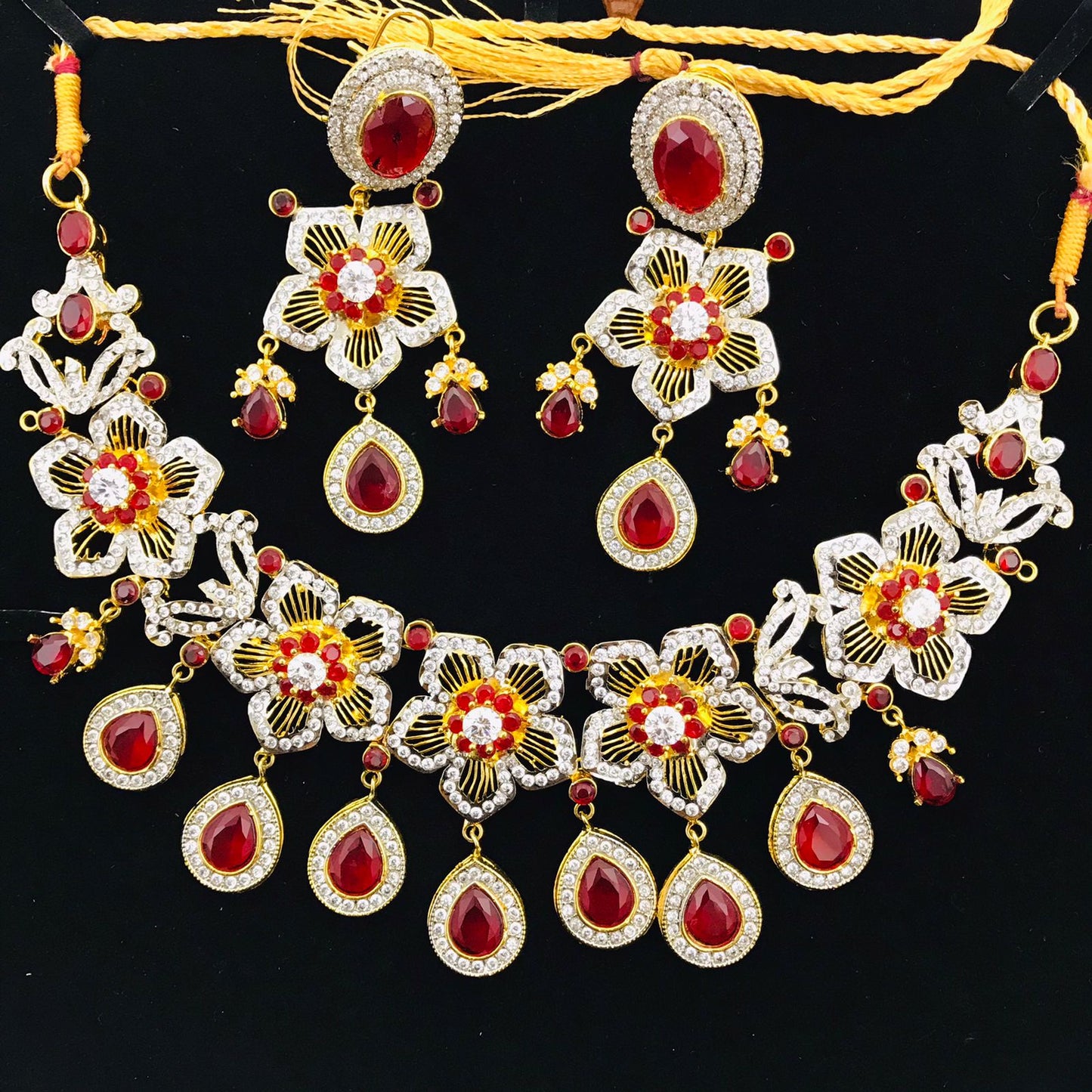 Necklace Floral Ruby Colour Crystals with Zircons