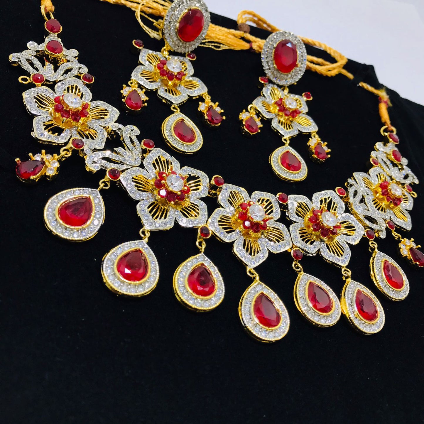 Necklace Floral Ruby Colour Crystals with Zircons