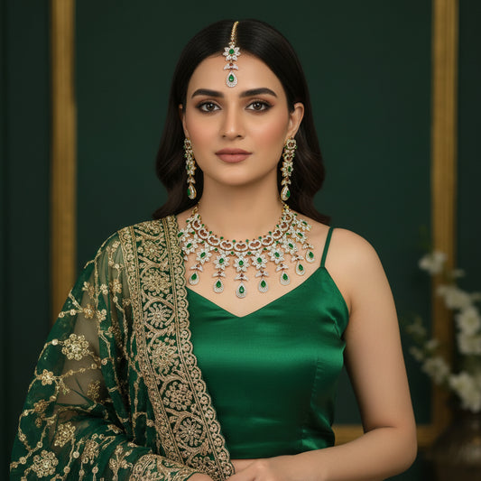 Jewelry set with necklace and earrings on a black background