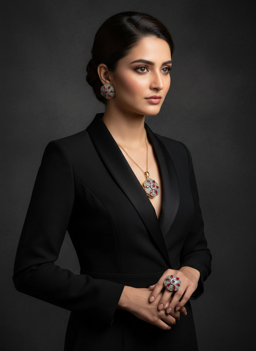 Gold and silver earrings with red stones 