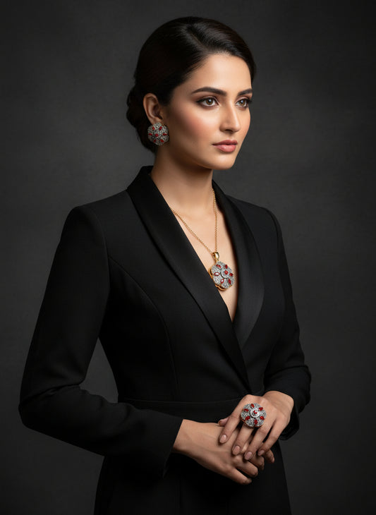 Gold and silver earrings with red stones 